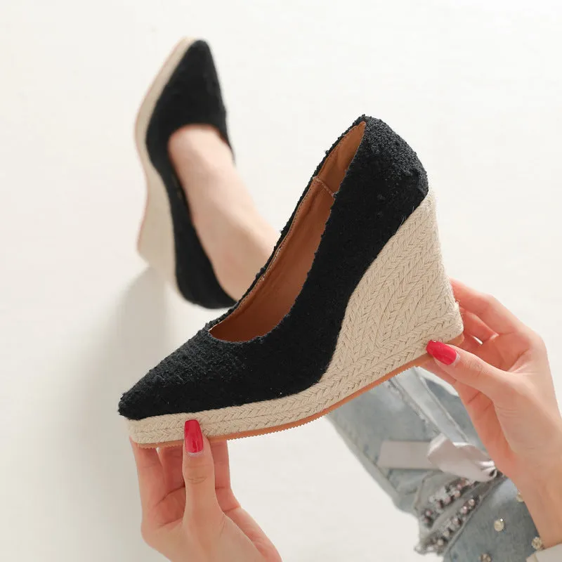 Women wedge heels pointed toe espadrille platform pumps