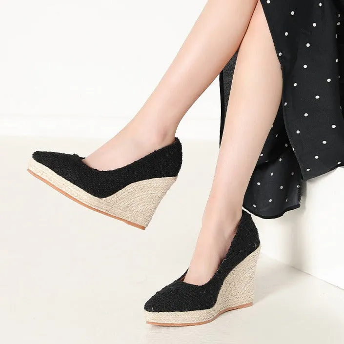 Women wedge heels pointed toe espadrille platform pumps