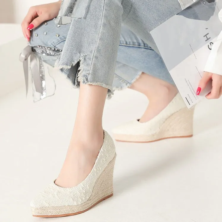 Women wedge heels pointed toe espadrille platform pumps