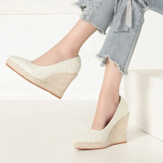 Women wedge heels pointed toe espadrille platform pumps