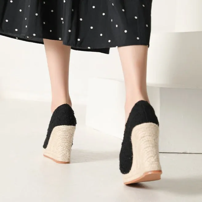 Women wedge heels pointed toe espadrille platform pumps