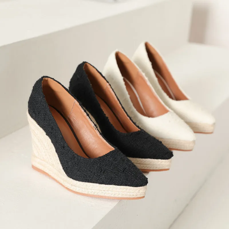 Women wedge heels pointed toe espadrille platform pumps