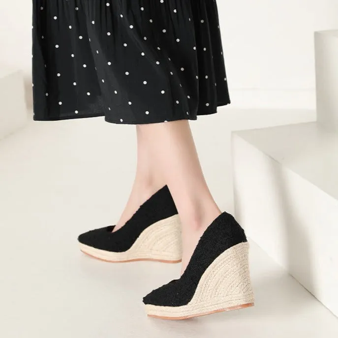 Women wedge heels pointed toe espadrille platform pumps