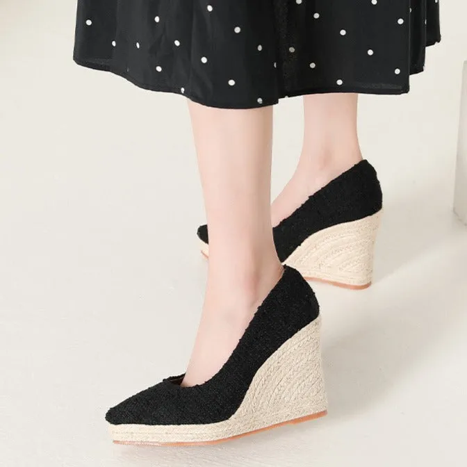 Women wedge heels pointed toe espadrille platform pumps