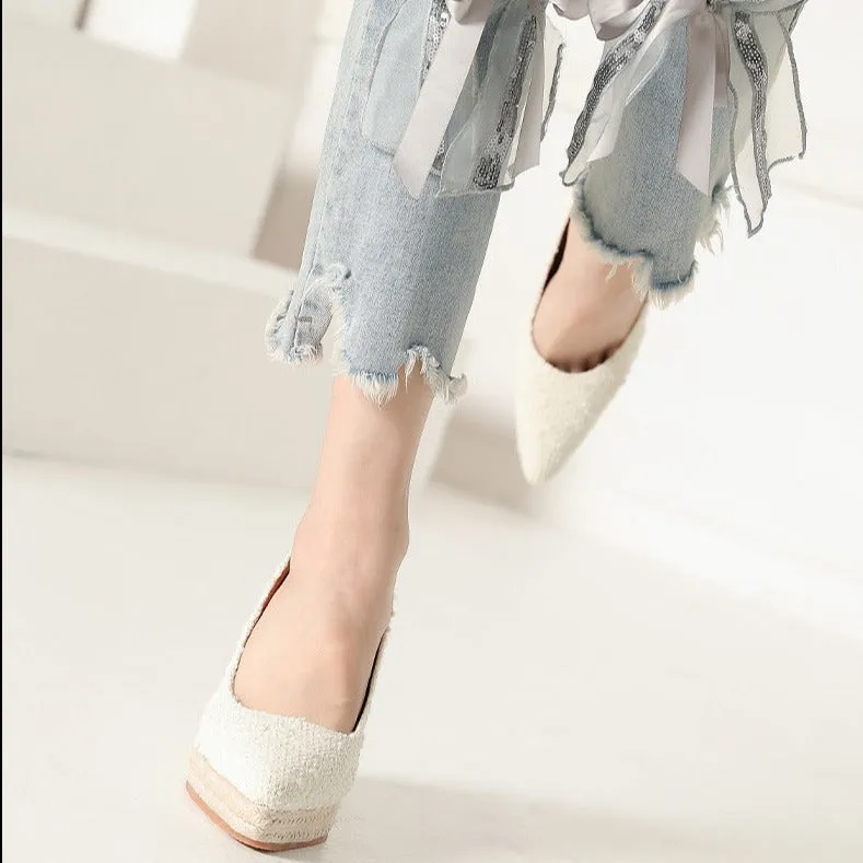 Women wedge heels pointed toe espadrille platform pumps