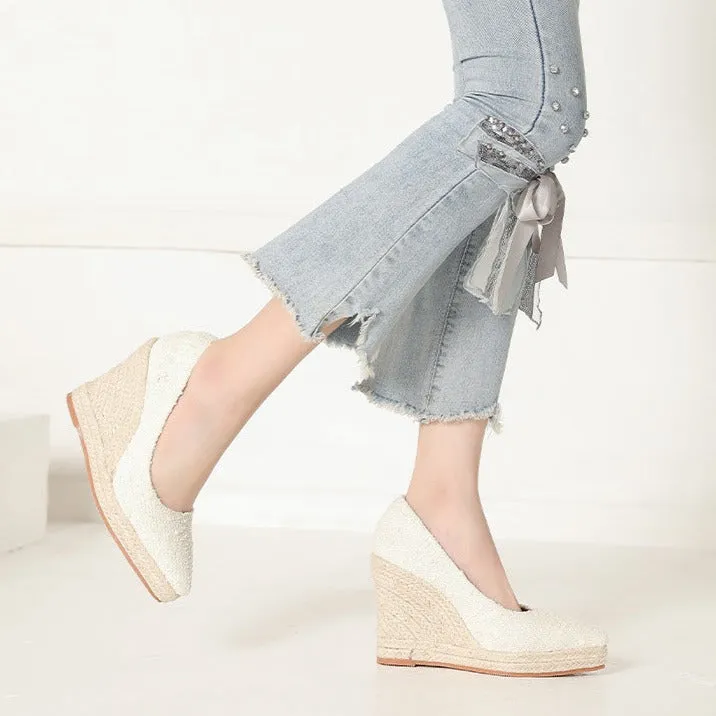 Women wedge heels pointed toe espadrille platform pumps