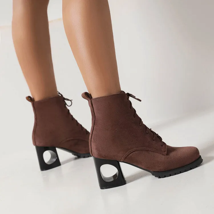 Women's Booties Flock Round Toe Lace Up Block Heel Ankle Boots