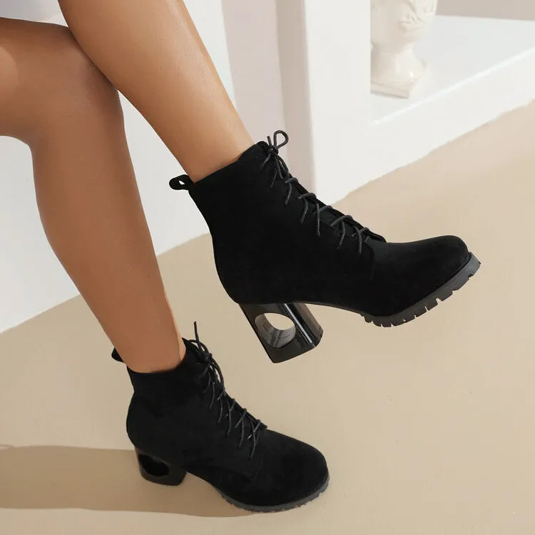 Women's Booties Flock Round Toe Lace Up Block Heel Ankle Boots