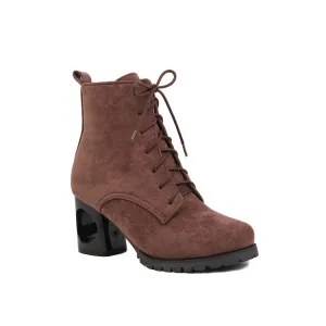 Women's Booties Flock Round Toe Lace Up Block Heel Ankle Boots