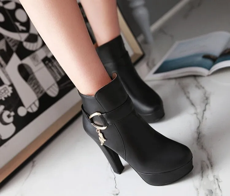 Women's Booties Side Zippers Metal Buckles Block Chunky Heel Platform Short Boots