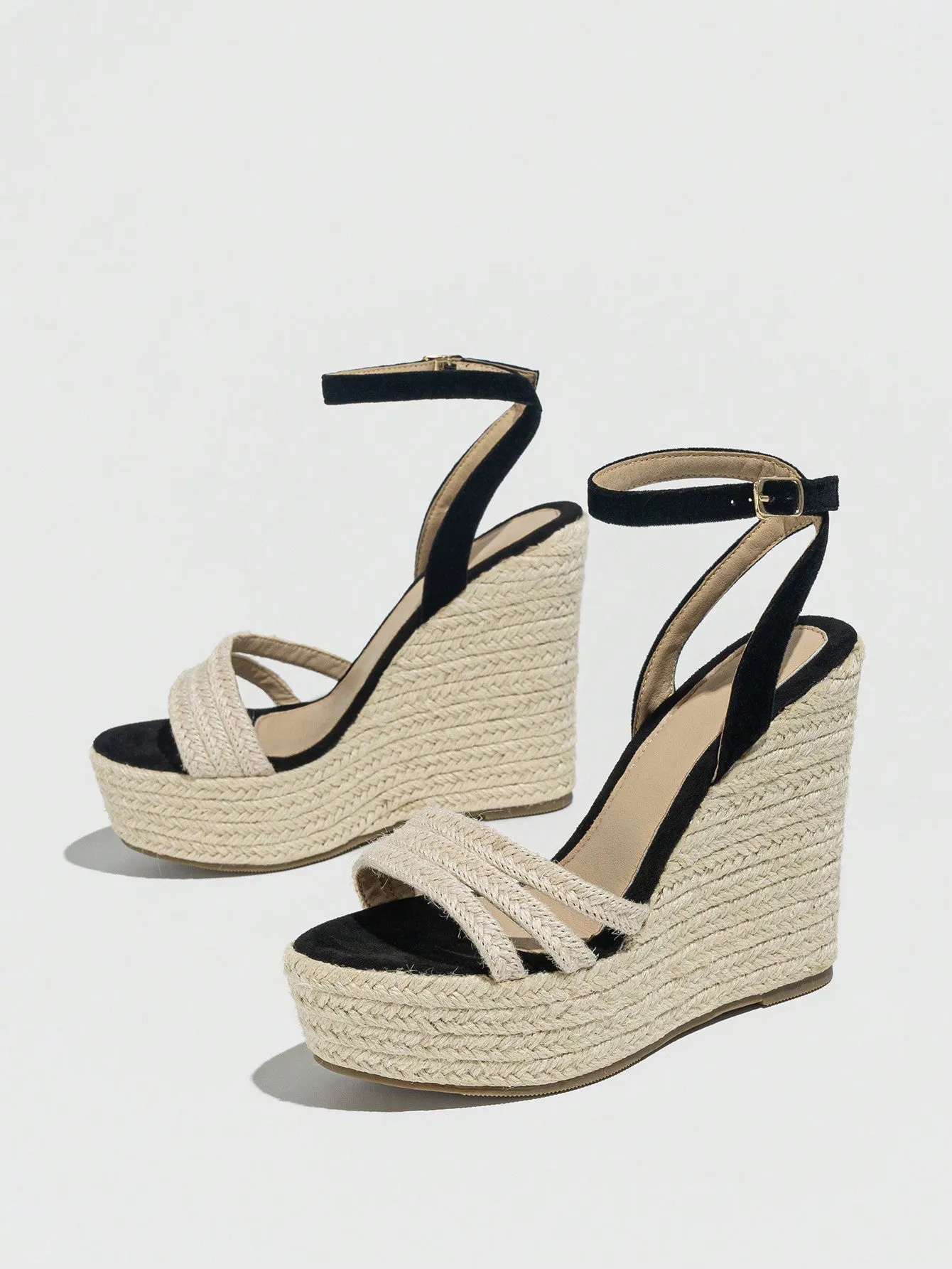 Women's Fashionable, Elegant, Fresh, Versatile, Black, Round-Toe, Outdoor, Holiday-Style, Wedge Heel, Platform Sandals With Woven Straw Design