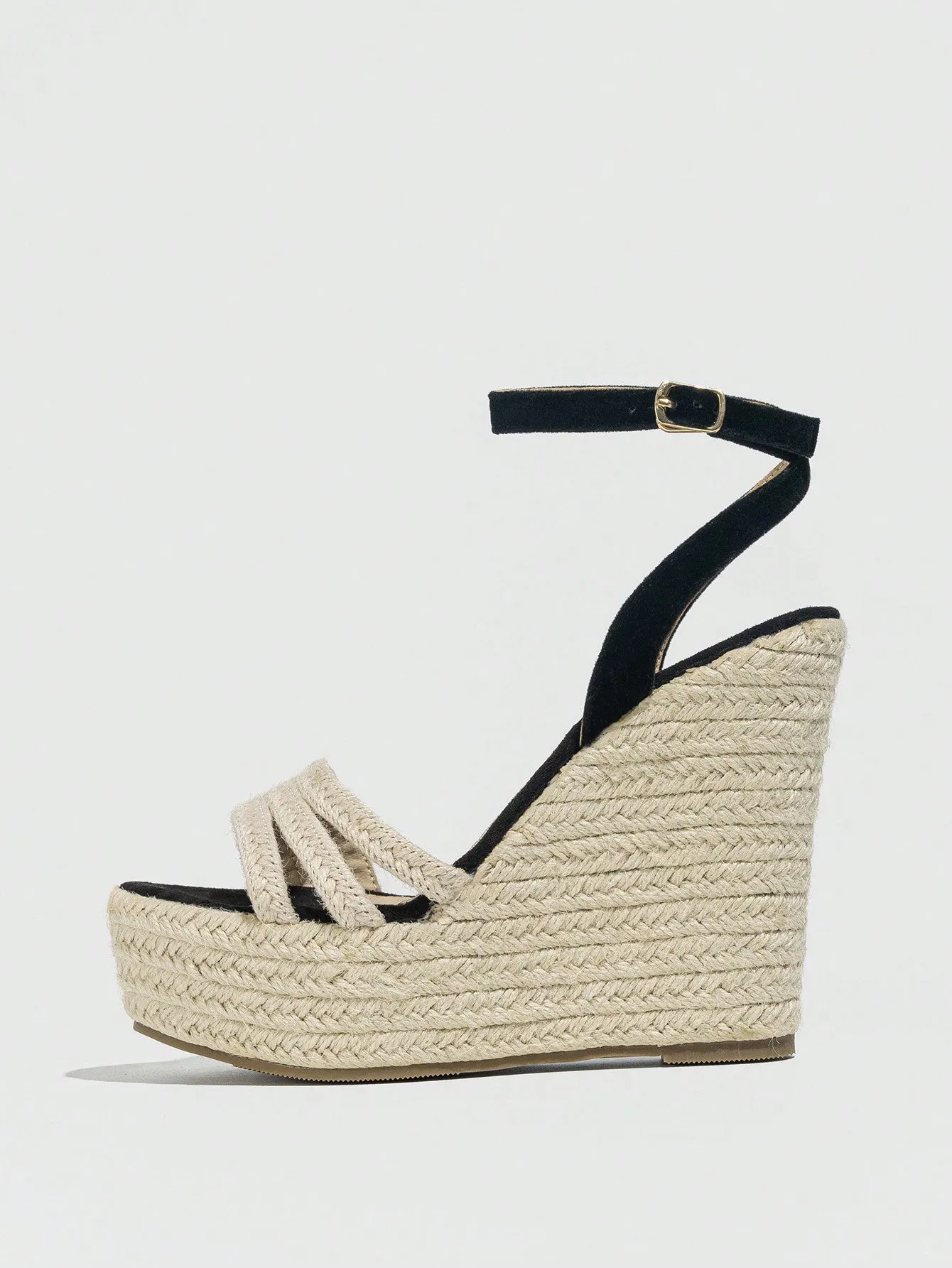 Women's Fashionable, Elegant, Fresh, Versatile, Black, Round-Toe, Outdoor, Holiday-Style, Wedge Heel, Platform Sandals With Woven Straw Design