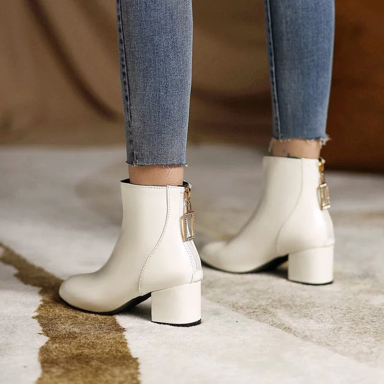 Women's Round Toe Back Zippers Block Chunky Heel Short Boots