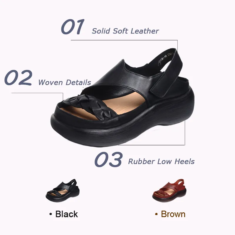 Woven Solid Velcro Leather Sandals