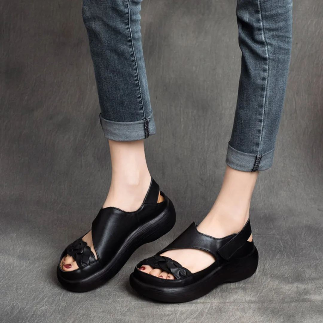 Woven Solid Velcro Leather Sandals