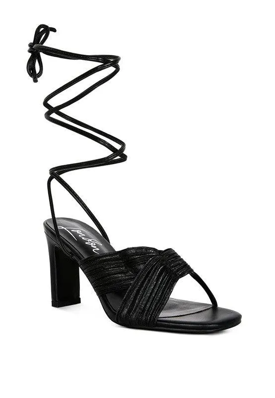 Xuxa Metallic Tie Up Block Heel Sandals